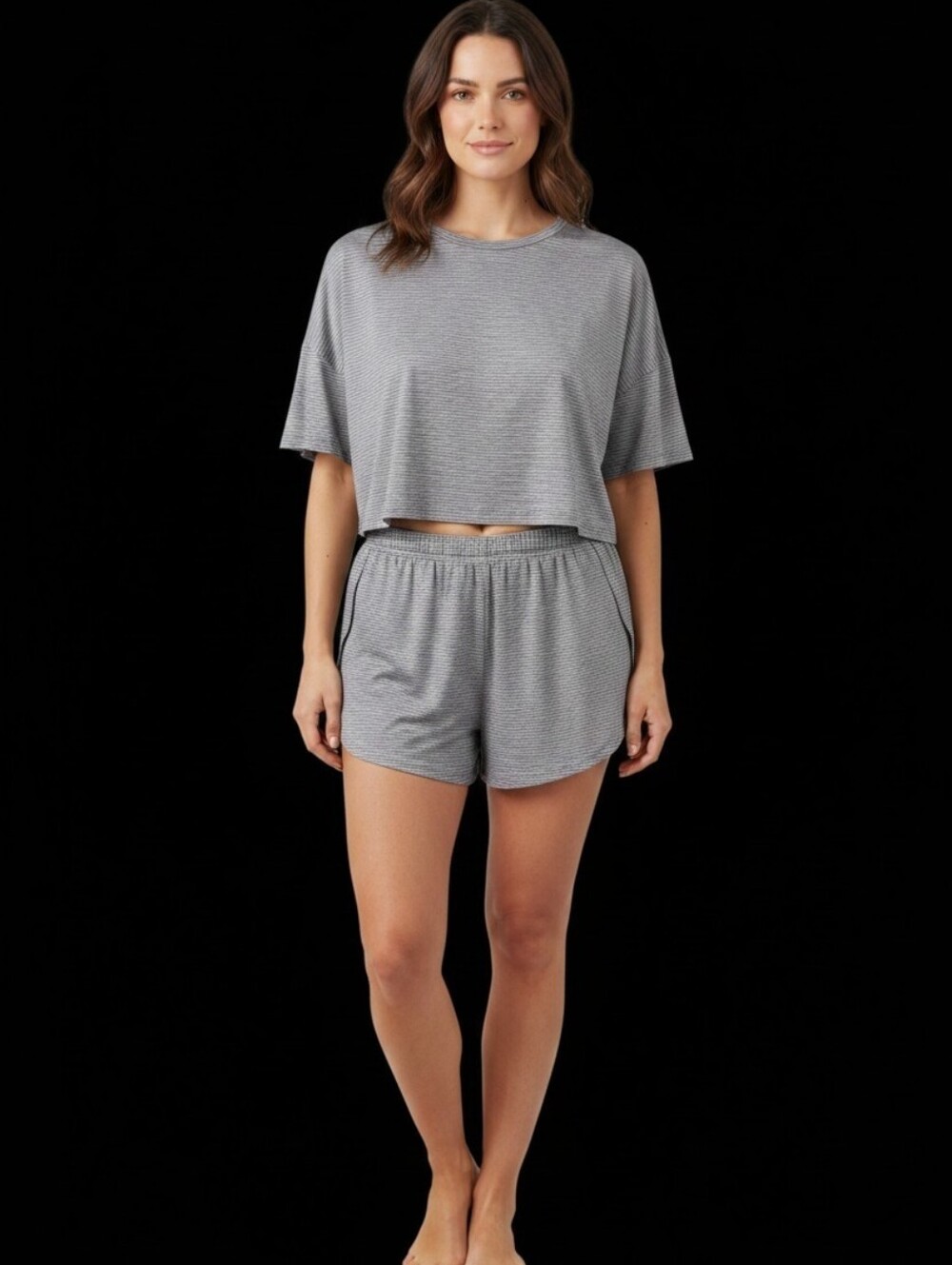 OYOANGLE Women’s 2-Piece Striped Crop Tee & Shorts Set Ruffle Gray/White L